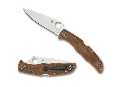 The Endura  4 Lightweight Flat Ground Brown Knife shown opened and closed.
