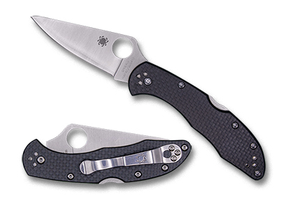 The Delica  4 Flat Ground Carbon Fiber HAP40 SUS410 Exclusive Knife shown opened and closed.