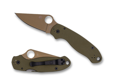 The Para® 3 G-10 Green CTS 204P Flat Dark Earth Blade Exclusive shown open and closed