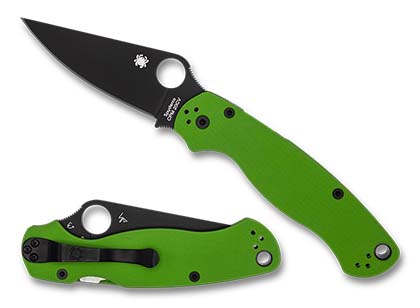 The Para Military® 2 Neon Green G-10 CPM 20CV Black Blade Exclusive  shown open and closed