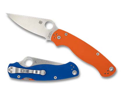 The Para Military® 2 Orange / Blue G-10 CPM REX 45 Exclusive shown open and closed