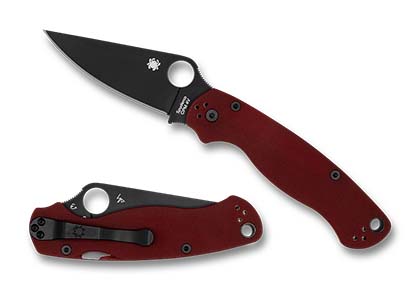 The Para Military  2 Red G-10 CPM 4V Black Blade Exclusive Knife shown opened and closed.