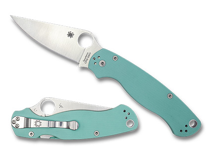 The Para Military  2 Teal G-10 CPM S90V Exclusive Knife shown opened and closed.