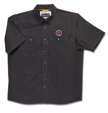 The Orvis  Men s Tech Chambray Black Work Shirt Short Sleeve Knife shown opened and closed.