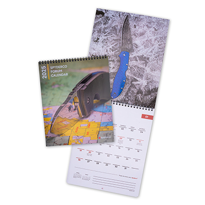 The 2025 Spyderco Wall Calendar Knife shown opened and closed.