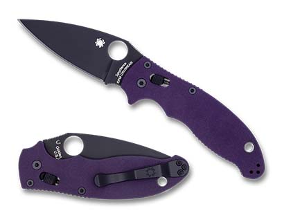 The Manix  2 Purple G-10 CPM CRU-WEAR Black Blade Exclusive Knife shown opened and closed.