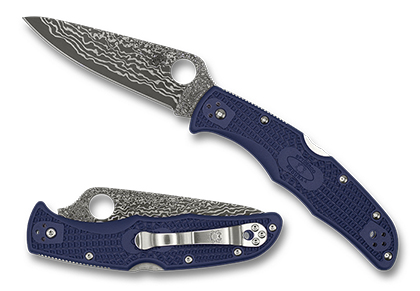 The Endura  4 Lightweight Navy Blue Damascus Exclusive Knife shown opened and closed.