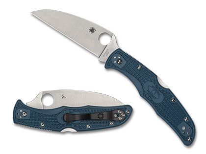 The Endura  4 Lightweight Blue Wharncliffe K390 Knife shown opened and closed.