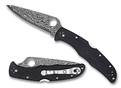 The Endura  4 Black Pakkawood Damascus Exclusive Knife shown opened and closed.