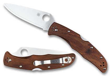The Endura  4 Mahogany Pakkawood HAP40 SUS410 Exclusive Knife shown opened and closed.
