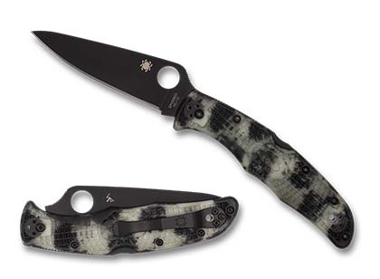 The Endura  4 FRN Zome Glow In The Dark Black Black Blade Exclusive Knife shown opened and closed.