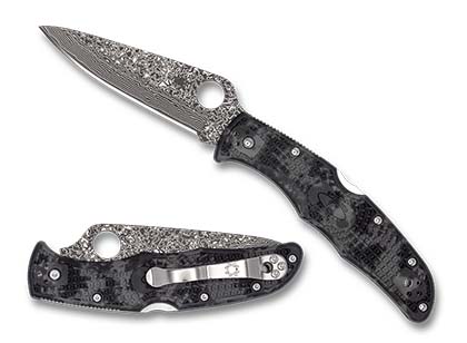 The Endura  FRN Zome Grey Black Damascus Exclusive Knife shown opened and closed.