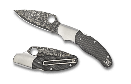 The Caly 3 Damascus Carbon Fiber Sprint Run  Knife shown opened and closed.