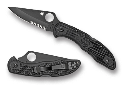 The Delica  4 FRN Black Black Blade Knife shown opened and closed.
