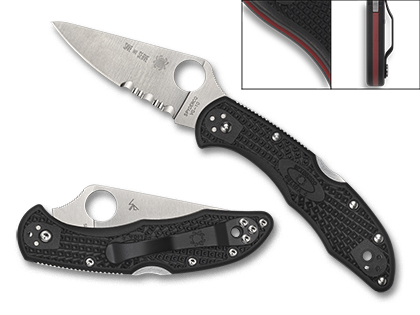 The Delica  4 Lightweight Thin Red Line Knife shown opened and closed.