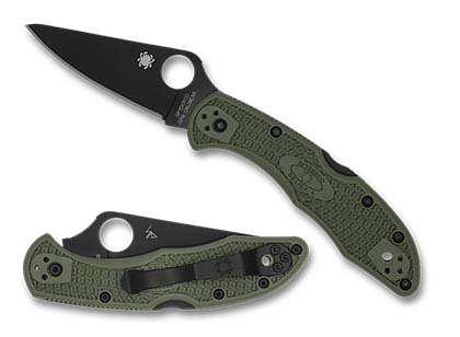 The Delica  4 FRN OD Green CPM CRU-WEAR Black Blade Exclusive Knife shown opened and closed.