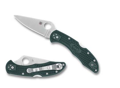 The Delica  4 Forest Green FRN CTS 204P Exclusive Knife shown opened and closed.
