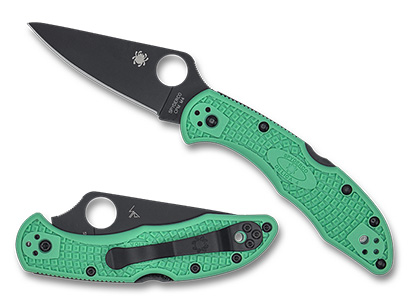 The Delica® 4 Mint FRN CPM M4 Black Blade Exclusive shown open and closed