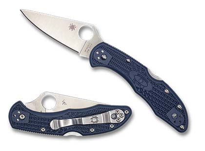 The Delica  4 Dark Navy FRN CPM 20CV Exclusive Knife shown opened and closed.