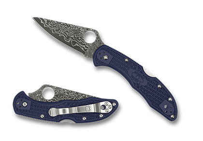 The Delica  4 Dark Navy FRN Damascus Exclusive Knife shown opened and closed.