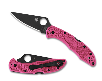 The Delica  4 FRN Pink Black Blade Knife shown opened and closed.