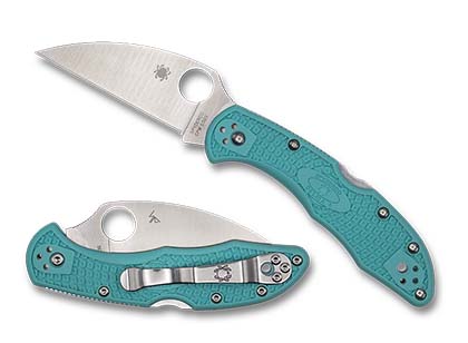 The Delica  4 Lightweight Wharncliffe Teal CPM  S30V  Exclusive Knife shown opened and closed.