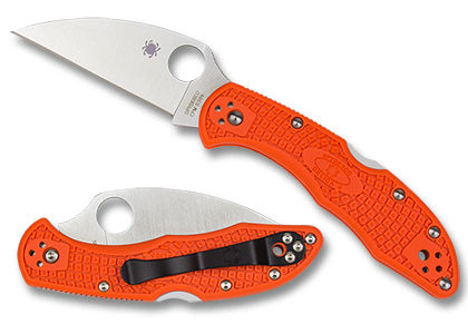 The Delica  4 FRN Orange CPM S30V Wharncliffe Exclusive Knife shown opened and closed.