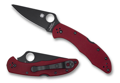 The Delica  4 G-10 Red HAP40 SUS410 Black Blade Exclusive Knife shown opened and closed.