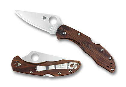 The Delica® 4 Mahogany Pakkawood HAP40/SUS410 Exclusive shown open and closed