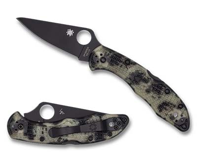 The Delica  4 FRN Zome Glow In The Dark Black Black Blade Exclusive Knife shown opened and closed.
