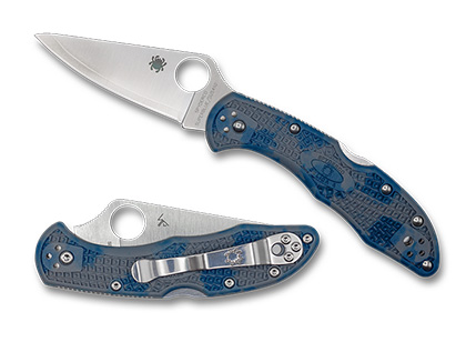 The Delica  4 Gray-Blue Zome Super Blue Sprint Run  Knife shown opened and closed.