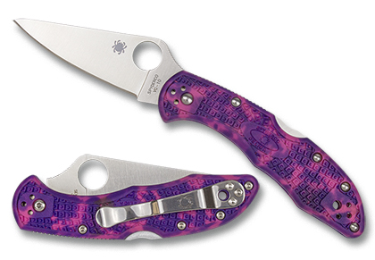 The Delica  4 FRN Pink Purple Zome Exclusive Knife shown opened and closed.