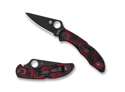 The Delica  4 FRN Red Black Zome CPM 20CV Black Blade Exclusive Knife shown opened and closed.