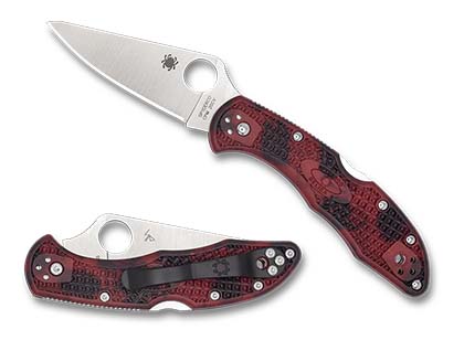 The Delica  4 FRN Red Black Zome CPM 20CV Exclusive Knife shown opened and closed.