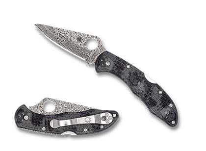 The Delica  4 FRN Zome Grey Black Damascus Exclusive Knife shown opened and closed.