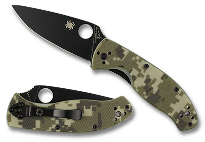 The Tenacious  Camo G-10 Black Blade Exclusive Knife shown opened and closed.