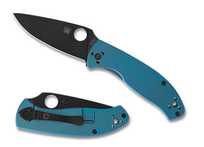 The Tenacious  R I L  Blue Titanium Black Blade Knife shown opened and closed.