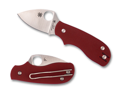 The Squeak  Red G-10 M398 PlainEdge Exclusive Knife shown opened and closed.