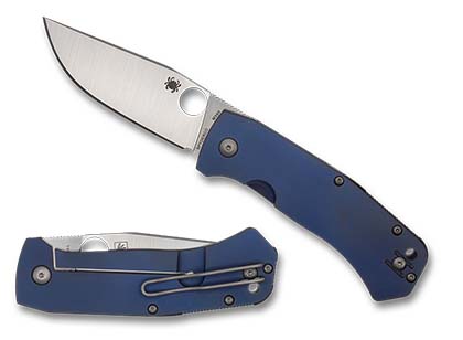 The Slysz Bowie Folder  Blue Titanium M390 Exclusive Knife shown opened and closed.