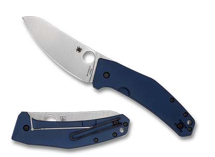The SpydieChef  Blue Titanium LC200N Exclusive Knife shown opened and closed.
