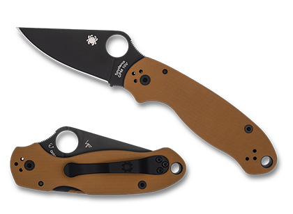 The Para  3 Coyote Brown G-10 CPM 10V Black Blade Exclusive Knife shown opened and closed.