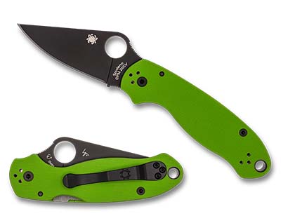 The Para  3 Neon Green G-10 CPM 20CV Black Blade Exclusive Knife shown opened and closed.