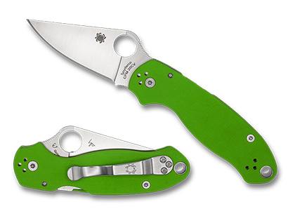 The Para  3 Neon Green G-10 CPM 20CV Exclusive Knife shown opened and closed.