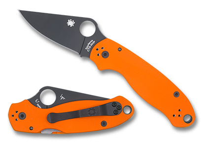 The Para  3 G-10 Orange CTS XHP Black Blade Exclusive Knife shown opened and closed.