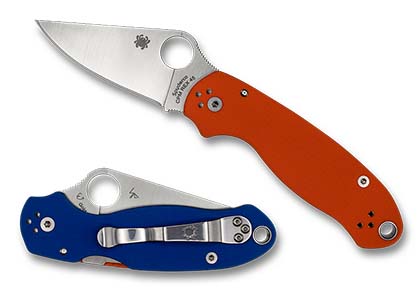 The Para  3 Orange   Blue G-10 CPM REX 45 Exclusive Knife shown opened and closed.