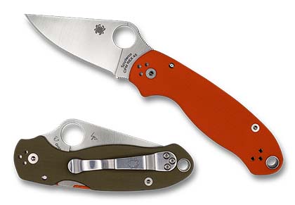 The Para  3 Orange   OD Green G-10 CPM REX 45 Exclusive Knife shown opened and closed.