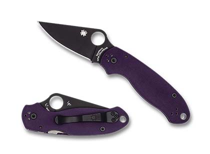 The Para  3 Purple G-10 CPM CRU-WEAR Black Blade Exclusive Knife shown opened and closed.