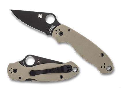 The Para  3 Tan G-10 CPM 20CV Black Blade Exclusive Knife shown opened and closed.