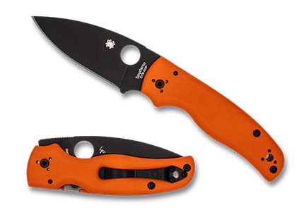 The Shaman  Orange G-10 CTS XHP Black Blade Exclusive Knife shown opened and closed.