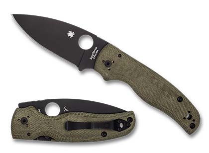 The Shaman  Green Canvas Micarta CPM M4 Black Blade Exclusive Knife shown opened and closed.